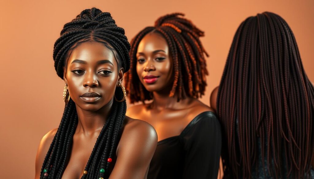 A beautifully lit studio scene showcasing a diverse range of crochet hairstyles for black women. In the foreground, a model with intricate box braids and hair beads sits with a serene expression. The middle ground features another model with vibrant, shoulder-length crochet twists. In the background, a third model's long, voluminous crochet locs cascade over her shoulders. Soft, warm lighting bathes the scene, highlighting the texture and vibrancy of the various crochet styles. The overall atmosphere is one of elegance, style, and celebration of black hair and beauty. A beautifully lit studio scene showcasing a diverse range of crochet hairstyles for black women. In the foreground, a model with intricate box braids and hair beads sits with a serene expression. The middle ground features another model with vibrant, shoulder-length crochet twists. In the background, a third model's long, voluminous crochet locs cascade over her shoulders. Soft, warm lighting bathes the scene, highlighting the texture and vibrancy of the various crochet styles. The overall atmosphere is one of elegance, style, and celebration of black hair and beauty.