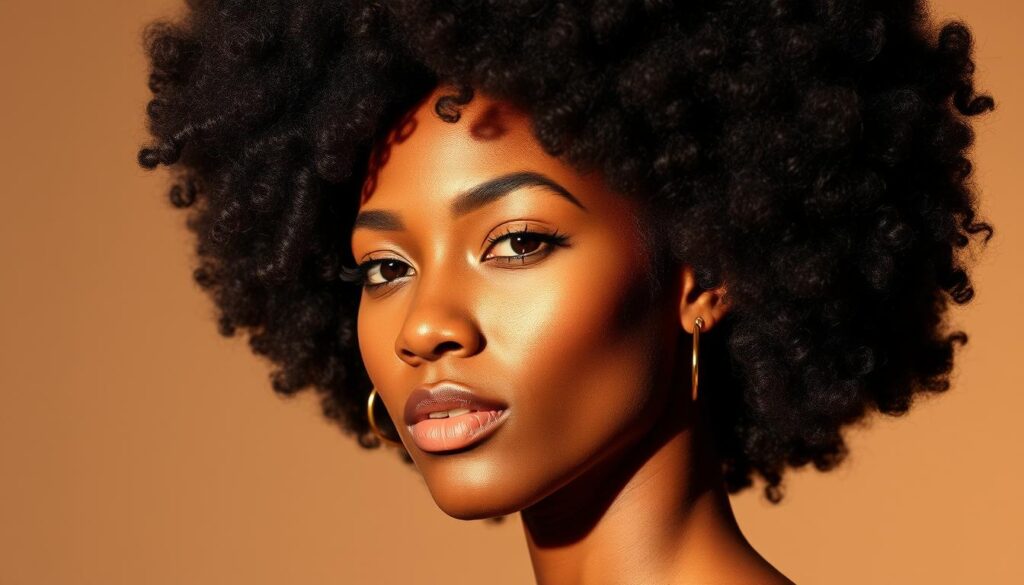 A classic full afro hairstyle, with voluminous, tightly-coiled hair that cascades down the model's head in a bold, statement-making way. The hair texture is thick and coarse, with a rich, ebony-black color that reflects the light beautifully. The hairstyle is framed by a well-defined, angular jawline, and the model's facial features are strongly pronounced, conveying a sense of confidence and pride. The lighting is warm and directional, casting dramatic shadows that accentuate the contours of the face and hair. The background is a neutral, muted tone that allows the subject to stand out prominently, the focus entirely on the striking, iconic afro hairstyle. A classic full afro hairstyle, with voluminous, tightly-coiled hair that cascades down the model's head in a bold, statement-making way. The hair texture is thick and coarse, with a rich, ebony-black color that reflects the light beautifully. The hairstyle is framed by a well-defined, angular jawline, and the model's facial features are strongly pronounced, conveying a sense of confidence and pride. The lighting is warm and directional, casting dramatic shadows that accentuate the contours of the face and hair. The background is a neutral, muted tone that allows the subject to stand out prominently, the focus entirely on the striking, iconic afro hairstyle.
