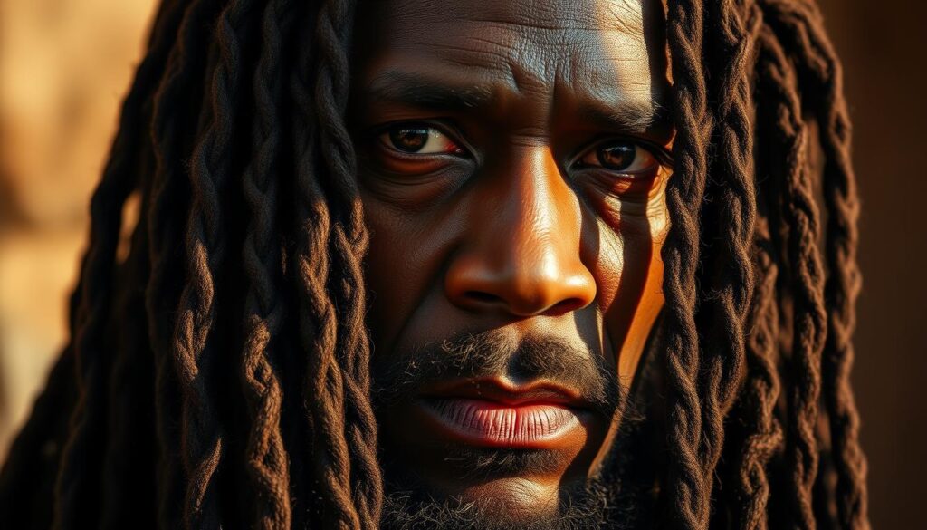 A close-up portrait of a man with thick, long dreadlocks cascading down his face, casting dramatic shadows across his features. The dreadlocks are a deep, rich shade of brown, with a textured, knotted appearance that suggests their ancient, historical origins. The man gazes intently, his eyes conveying a sense of wisdom and cultural heritage. Soft, warm lighting from the side illuminates the intricate details of the dreadlocks, highlighting their unique patterns and the individual strands. The background is blurred, keeping the focus firmly on the captivating subject and the striking, timeless style of the dreadlocks. A close-up portrait of a man with thick, long dreadlocks cascading down his face, casting dramatic shadows across his features. The dreadlocks are a deep, rich shade of brown, with a textured, knotted appearance that suggests their ancient, historical origins. The man gazes intently, his eyes conveying a sense of wisdom and cultural heritage. Soft, warm lighting from the side illuminates the intricate details of the dreadlocks, highlighting their unique patterns and the individual strands. The background is blurred, keeping the focus firmly on the captivating subject and the striking, timeless style of the dreadlocks.