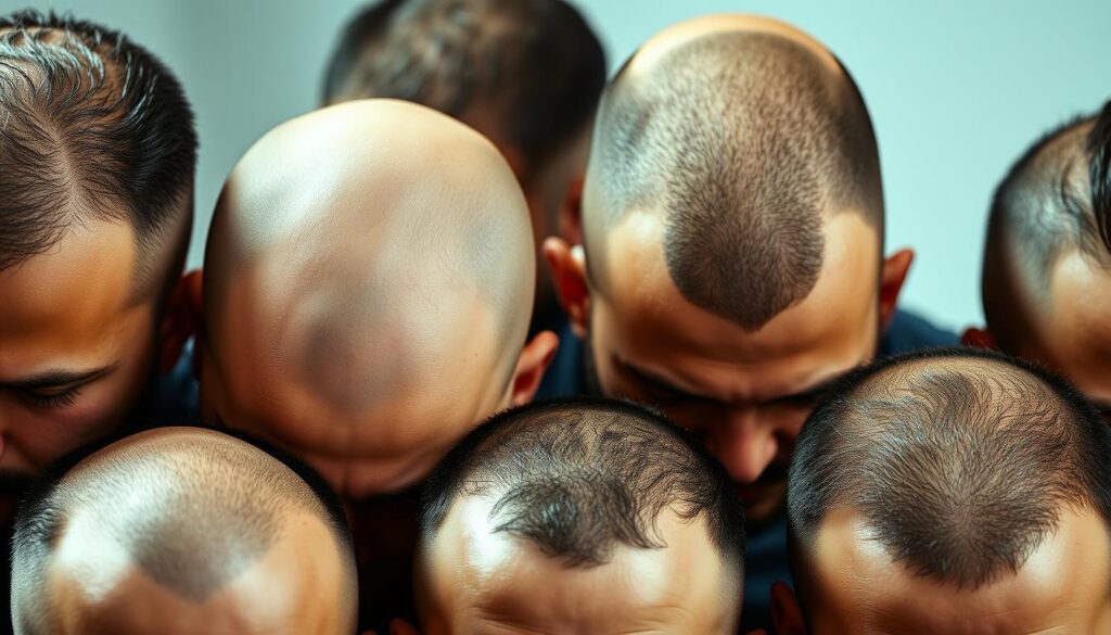 A close-up shot of several men's heads, featuring various modern balding haircuts. The subjects have receding hairlines, thinning crowns, or are completely bald, with short, neat styles that create a clean, refined look. The lighting is soft and diffused, emphasizing the textures of the hair and scalp. The background is slightly blurred, keeping the focus on the faces and hairstyles. The overall mood is one of confidence and self-assurance, showcasing balding haircuts as a stylish and attractive option. A close-up shot of several men's heads, featuring various modern balding haircuts. The subjects have receding hairlines, thinning crowns, or are completely bald, with short, neat styles that create a clean, refined look. The lighting is soft and diffused, emphasizing the textures of the hair and scalp. The background is slightly blurred, keeping the focus on the faces and hairstyles. The overall mood is one of confidence and self-assurance, showcasing balding haircuts as a stylish and attractive option.