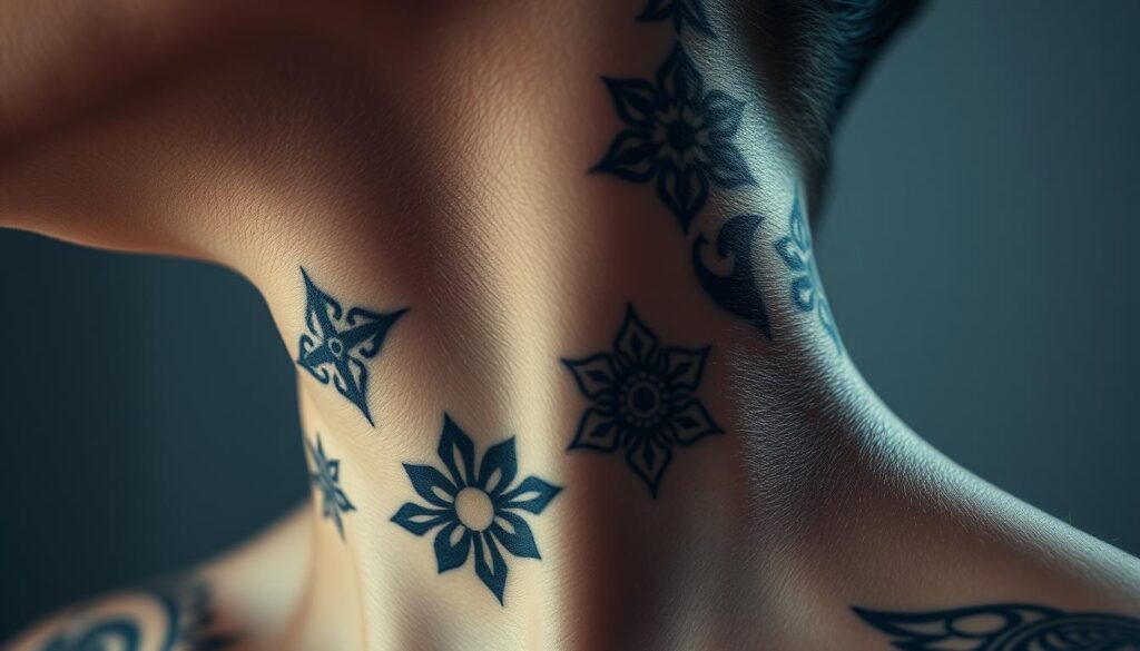 A close-up view of a person's neck, prominently displaying several intricate tattoo designs. The tattoos are highly detailed, with a range of styles and motifs, such as geometric patterns, floral elements, and abstract symbols. The skin appears to have a slight sheen, suggesting a healthy, well-moisturized complexion. The lighting is soft and diffused, creating a sense of depth and dimension, highlighting the textures and contours of the neck. The background is blurred, placing the focus entirely on the captivating tattoo artwork. The overall mood is one of artistry, personal expression, and the allure of body modification. A close-up view of a person's neck, prominently displaying several intricate tattoo designs. The tattoos are highly detailed, with a range of styles and motifs, such as geometric patterns, floral elements, and abstract symbols. The skin appears to have a slight sheen, suggesting a healthy, well-moisturized complexion. The lighting is soft and diffused, creating a sense of depth and dimension, highlighting the textures and contours of the neck. The background is blurred, placing the focus entirely on the captivating tattoo artwork. The overall mood is one of artistry, personal expression, and the allure of body modification.