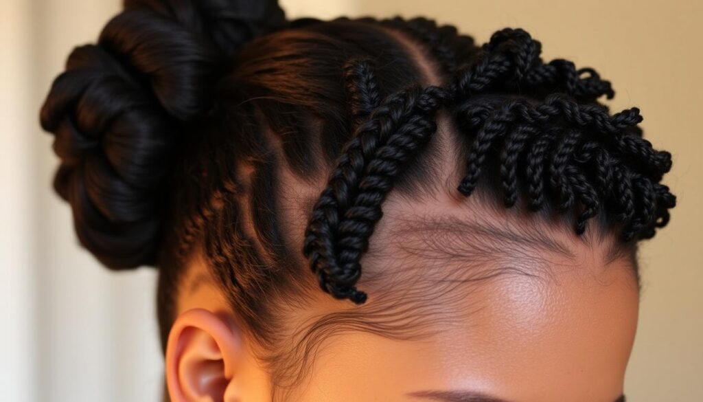 A close-up view of a woman's head, showcasing various crochet hairstyles for beginners. The styles include a simple bun with a crocheted pattern, a side-swept style with intricate braided details, and a textured mohawk-inspired look. Soft, warm lighting illuminates the hair, highlighting the intricate stitches and creating a cozy, inviting atmosphere. The subject's face is partially obscured, keeping the focus on the creative crochet hairstyles. The background is blurred, allowing the hairstyles to be the clear focal point of the image. A close-up view of a woman's head, showcasing various crochet hairstyles for beginners. The styles include a simple bun with a crocheted pattern, a side-swept style with intricate braided details, and a textured mohawk-inspired look. Soft, warm lighting illuminates the hair, highlighting the intricate stitches and creating a cozy, inviting atmosphere. The subject's face is partially obscured, keeping the focus on the creative crochet hairstyles. The background is blurred, allowing the hairstyles to be the clear focal point of the image.