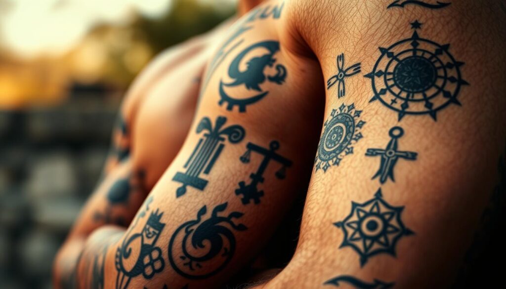A detailed close-up view of symbolic arm tattoos, showcasing intricate designs with deep personal meaning. The foreground features a muscular male arm, with bold lines and shades of black, gray, and muted colors forming various emblems, icons, and geometric patterns. The middle ground highlights the textured skin, with subtle shadows and highlights accentuating the contours of the tattoos. The background is softly blurred, creating a sense of focus and emphasis on the expressive, meaningful body art. The lighting is natural, with a warm, slightly moody atmosphere, capturing the personal significance and artistic expression of the symbolic arm tattoos. A detailed close-up view of symbolic arm tattoos, showcasing intricate designs with deep personal meaning. The foreground features a muscular male arm, with bold lines and shades of black, gray, and muted colors forming various emblems, icons, and geometric patterns. The middle ground highlights the textured skin, with subtle shadows and highlights accentuating the contours of the tattoos. The background is softly blurred, creating a sense of focus and emphasis on the expressive, meaningful body art. The lighting is natural, with a warm, slightly moody atmosphere, capturing the personal significance and artistic expression of the symbolic arm tattoos.