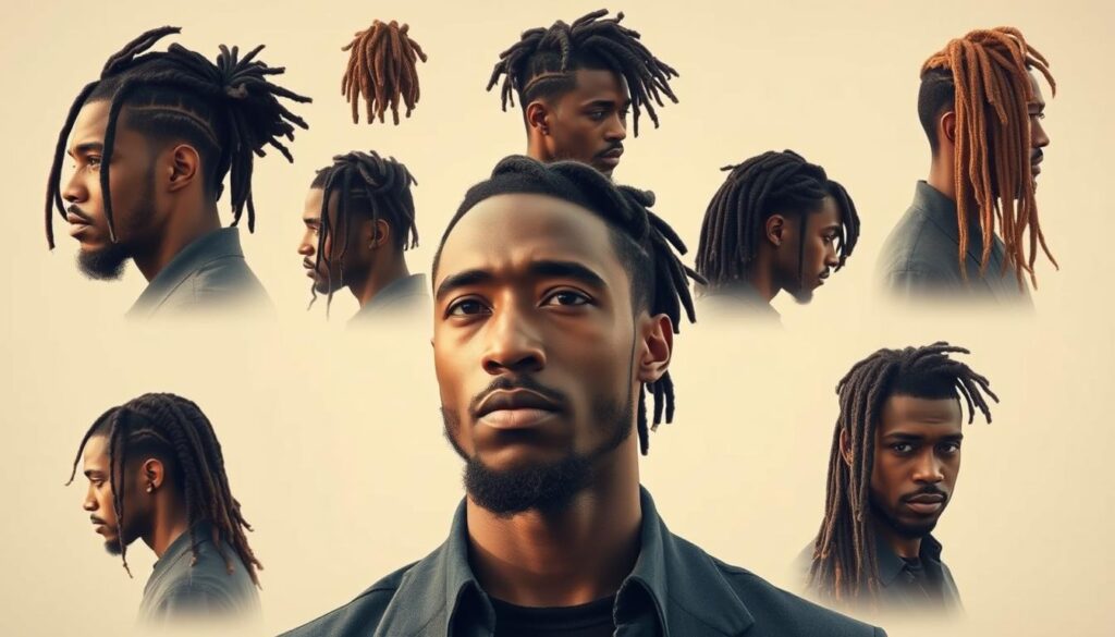A diverse array of dreadlock styles for a stylish male subject, illuminated by soft, diffused lighting that accentuates the texture and movement of the locks. The man is shown in a neutral, contemplative pose, allowing the unique characteristics of each dreadlock type to be the focal point. The background is a muted, natural setting that complements the organic nature of the hairstyles, creating an overall impression of effortless sophistication. A diverse array of dreadlock styles for a stylish male subject, illuminated by soft, diffused lighting that accentuates the texture and movement of the locks. The man is shown in a neutral, contemplative pose, allowing the unique characteristics of each dreadlock type to be the focal point. The background is a muted, natural setting that complements the organic nature of the hairstyles, creating an overall impression of effortless sophistication.