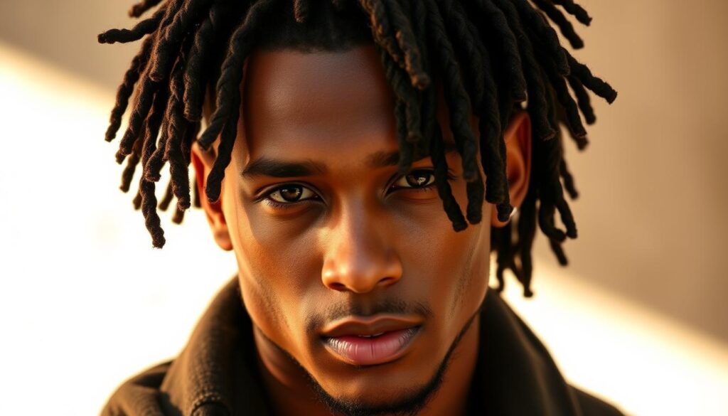 A handsome man with intricate dreadlocks, the sides faded into a smooth, tapered undercut. Warm natural lighting illuminates his features, casting dramatic shadows that accentuate the textured locks cascading over his head. The dreadlocks flow with a sense of movement, a blend of classic and modern styles that exude a confident, stylish aesthetic. The mid-length dreadlocks frame his face, complementing his strong jawline and captivating gaze. The overall composition creates a striking, editorial-inspired portrait that showcases the versatility and elegance of this dreadlock style. A handsome man with intricate dreadlocks, the sides faded into a smooth, tapered undercut. Warm natural lighting illuminates his features, casting dramatic shadows that accentuate the textured locks cascading over his head. The dreadlocks flow with a sense of movement, a blend of classic and modern styles that exude a confident, stylish aesthetic. The mid-length dreadlocks frame his face, complementing his strong jawline and captivating gaze. The overall composition creates a striking, editorial-inspired portrait that showcases the versatility and elegance of this dreadlock style.