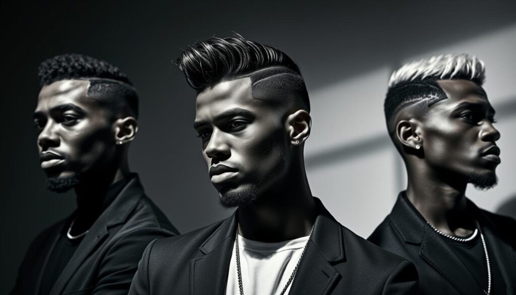 A high-contrast black and white photograph of three stylish black men showcasing the latest trending fade haircuts. The men are posed in a modern, minimalist studio setting with dramatic lighting, casting long shadows that accentuate the clean lines and textures of their hairstyles. The subjects' expressions convey a sense of confidence and cool, urban sophistication. The frame is tightly cropped, focusing the viewer's attention on the intricate details of the fades, tapers, and other contemporary elements of the haircuts. The overall atmosphere is sleek, edgy, and visually striking, reflecting the essence of the "Trending Fade Hairstyles for Black Men" subject. A high-contrast black and white photograph of three stylish black men showcasing the latest trending fade haircuts. The men are posed in a modern, minimalist studio setting with dramatic lighting, casting long shadows that accentuate the clean lines and textures of their hairstyles. The subjects' expressions convey a sense of confidence and cool, urban sophistication. The frame is tightly cropped, focusing the viewer's attention on the intricate details of the fades, tapers, and other contemporary elements of the haircuts. The overall atmosphere is sleek, edgy, and visually striking, reflecting the essence of the "Trending Fade Hairstyles for Black Men" subject.