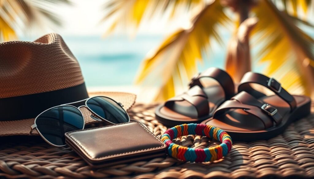 A lush, vibrant still life capturing a curated assortment of men's summer accessories. In the foreground, a straw fedora hat, aviator sunglasses, and a sleek leather wallet rest atop a woven beach mat. In the middle ground, a pair of well-worn leather sandals and a colorful woven bracelet take center stage, casting soft shadows. The background depicts a blurred tropical landscape with swaying palm fronds, hinting at a warm, carefree atmosphere. The lighting is soft and diffused, creating a sense of natural elegance. The composition is balanced and visually appealing, inviting the viewer to imagine assembling the perfect summer look. A lush, vibrant still life capturing a curated assortment of men's summer accessories. In the foreground, a straw fedora hat, aviator sunglasses, and a sleek leather wallet rest atop a woven beach mat. In the middle ground, a pair of well-worn leather sandals and a colorful woven bracelet take center stage, casting soft shadows. The background depicts a blurred tropical landscape with swaying palm fronds, hinting at a warm, carefree atmosphere. The lighting is soft and diffused, creating a sense of natural elegance. The composition is balanced and visually appealing, inviting the viewer to imagine assembling the perfect summer look.