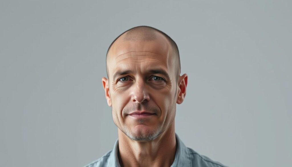A middle-aged man with male pattern baldness stands in a well-lit, minimalist studio setting. His head is shaved in a clean, precise cut, with subtle stubble visible. The lighting is soft and diffused, accentuating the contours of his scalp. The background is a simple, neutral color, keeping the focus on the subject's facial features and hair. The overall mood is one of confidence and self-acceptance, reflecting an understanding of the natural process of hair loss. A middle-aged man with male pattern baldness stands in a well-lit, minimalist studio setting. His head is shaved in a clean, precise cut, with subtle stubble visible. The lighting is soft and diffused, accentuating the contours of his scalp. The background is a simple, neutral color, keeping the focus on the subject's facial features and hair. The overall mood is one of confidence and self-acceptance, reflecting an understanding of the natural process of hair loss.