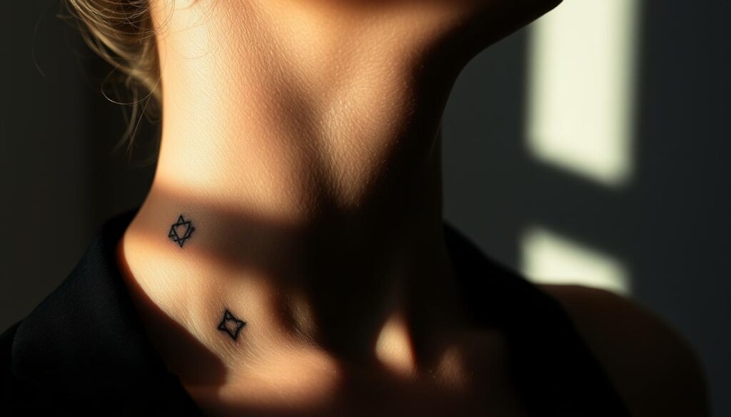 A strategic neck tattoo concept with a stylish, minimalist design. Soft, diffused lighting from the side, creating dramatic shadows and highlights on the skin. The tattoo is simple yet impactful, with clean lines and a geometric pattern that flows elegantly along the neck's natural curves. The composition focuses on the placement, showcasing how a well-designed neck tattoo can become a subtle, chic accessory. The overall mood is sophisticated and refined, capturing the essence of a visually compelling, wearable body art piece. A strategic neck tattoo concept with a stylish, minimalist design. Soft, diffused lighting from the side, creating dramatic shadows and highlights on the skin. The tattoo is simple yet impactful, with clean lines and a geometric pattern that flows elegantly along the neck's natural curves. The composition focuses on the placement, showcasing how a well-designed neck tattoo can become a subtle, chic accessory. The overall mood is sophisticated and refined, capturing the essence of a visually compelling, wearable body art piece.