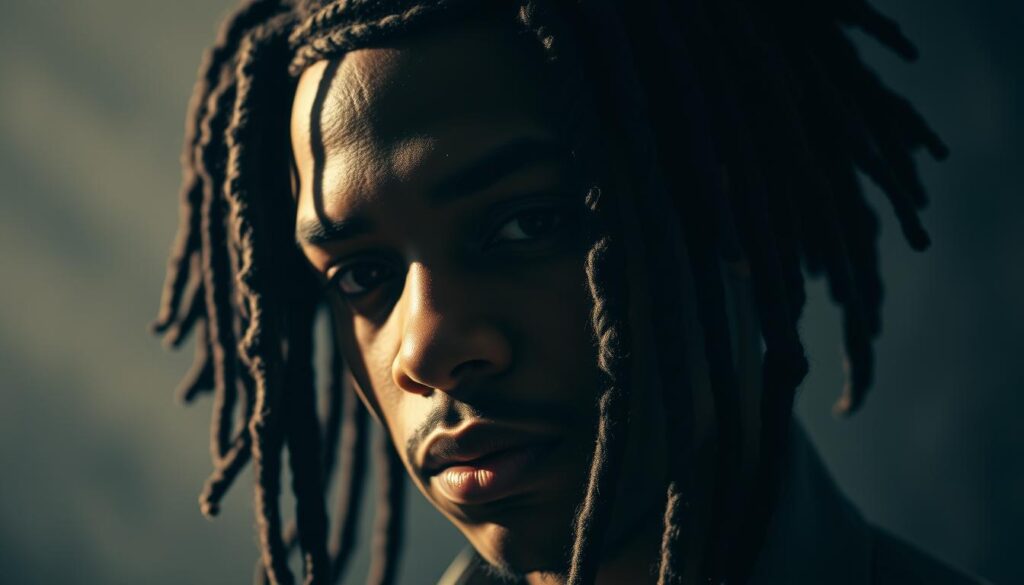 A striking close-up portrait of a young man with stylish, modern dreadlocks. His hair is thick, textured, and cascading down, framing his face in a striking silhouette. The lighting is dramatic, casting bold shadows and highlights that accentuate the intricate patterns and volume of the dreadlocks. The background is blurred, keeping the focus on the subject's captivating hairstyle. The overall mood is one of sleek, contemporary sophistication, showcasing the versatility and beauty of this unique hair trend. A striking close-up portrait of a young man with stylish, modern dreadlocks. His hair is thick, textured, and cascading down, framing his face in a striking silhouette. The lighting is dramatic, casting bold shadows and highlights that accentuate the intricate patterns and volume of the dreadlocks. The background is blurred, keeping the focus on the subject's captivating hairstyle. The overall mood is one of sleek, contemporary sophistication, showcasing the versatility and beauty of this unique hair trend.