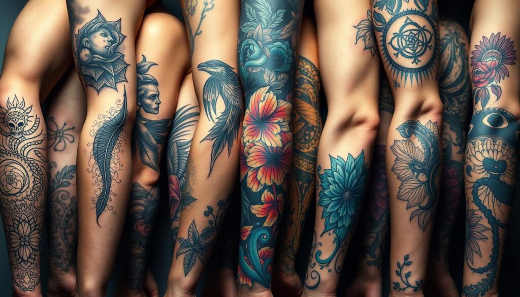 A striking collection of arm tattoo designs, showcasing a variety of styles and motifs. The foreground features intricate black and grey tattoos, ranging from detailed linework to bold, shadowy forms. The middle ground presents vibrant, colorful tattoos, with bold hues and organic, flowing patterns. In the background, a subtle play of light and shadow accentuates the three-dimensional qualities of the skin canvas. The overall composition conveys a sense of artistry, individuality, and the transformative power of body art. Captured with a sharp, high-resolution lens, the image offers a visually captivating and inspiring exploration of modern arm tattoo designs. A striking collection of arm tattoo designs, showcasing a variety of styles and motifs. The foreground features intricate black and grey tattoos, ranging from detailed linework to bold, shadowy forms. The middle ground presents vibrant, colorful tattoos, with bold hues and organic, flowing patterns. In the background, a subtle play of light and shadow accentuates the three-dimensional qualities of the skin canvas. The overall composition conveys a sense of artistry, individuality, and the transformative power of body art. Captured with a sharp, high-resolution lens, the image offers a visually captivating and inspiring exploration of modern arm tattoo designs.