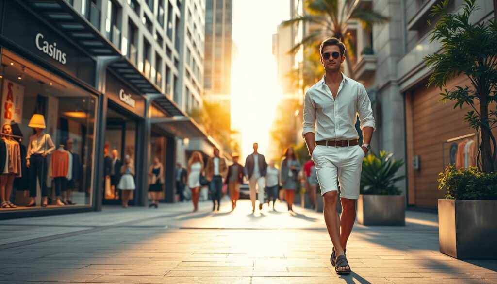 A stylish man strolling down a sun-drenched city street, sporting a crisp white linen shirt, tailored chino shorts, and leather sandals. In the middle ground, a group of fashionable individuals window-shopping at trendy boutiques, showcasing the latest summer fashion trends. The background features a vibrant cityscape with modern architecture, lush greenery, and a warm, golden hour lighting that casts a soft, inviting glow over the scene. The overall mood is one of effortless sophistication, reflecting the essence of elevated men's summer style. A stylish man strolling down a sun-drenched city street, sporting a crisp white linen shirt, tailored chino shorts, and leather sandals. In the middle ground, a group of fashionable individuals window-shopping at trendy boutiques, showcasing the latest summer fashion trends. The background features a vibrant cityscape with modern architecture, lush greenery, and a warm, golden hour lighting that casts a soft, inviting glow over the scene. The overall mood is one of effortless sophistication, reflecting the essence of elevated men's summer style.