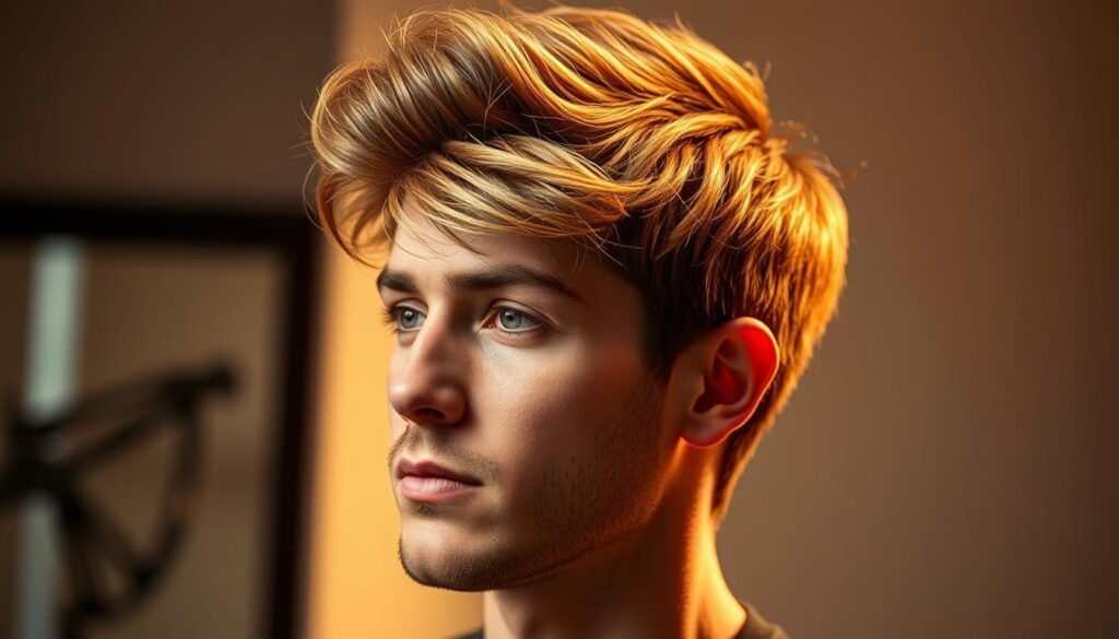 A stylishly tousled men's haircut with strategic thinning at the crown, creating a youthful, natural-looking fullness. The cut features a textured, side-swept fringe and tapered sides, expertly blended to complement a receding hairline. Warm studio lighting casts subtle shadows, highlighting the dynamic layers and dimensional volume. Shot with a medium-length telephoto lens at a 3/4 angle, emphasizing the overall balanced, masculine aesthetic. The resulting image conveys a clean-cut, confident look perfect for a professional yet modern appearance. A stylishly tousled men's haircut with strategic thinning at the crown, creating a youthful, natural-looking fullness. The cut features a textured, side-swept fringe and tapered sides, expertly blended to complement a receding hairline. Warm studio lighting casts subtle shadows, highlighting the dynamic layers and dimensional volume. Shot with a medium-length telephoto lens at a 3/4 angle, emphasizing the overall balanced, masculine aesthetic. The resulting image conveys a clean-cut, confident look perfect for a professional yet modern appearance.