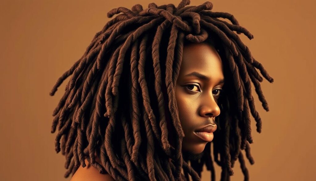 A tightly coiled, intricate mass of dreadlocks in a classic "labyrinth locs" style, cascading over the subject's head and shoulders. The hair texture is thick and textured, with a deep, earthy tone. Soft, warm lighting from the side creates dramatic shadows, accentuating the sculptural quality of the locks. The subject's expression is serene, conveying a sense of timeless, natural beauty. The background is a muted, neutral tone, allowing the focus to remain solely on the striking hairstyle. The overall impression is one of timeless elegance and understated, masculine style. A tightly coiled, intricate mass of dreadlocks in a classic "labyrinth locs" style, cascading over the subject's head and shoulders. The hair texture is thick and textured, with a deep, earthy tone. Soft, warm lighting from the side creates dramatic shadows, accentuating the sculptural quality of the locks. The subject's expression is serene, conveying a sense of timeless, natural beauty. The background is a muted, neutral tone, allowing the focus to remain solely on the striking hairstyle. The overall impression is one of timeless elegance and understated, masculine style.
