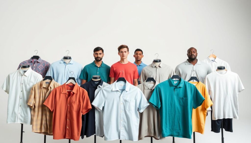 A well-lit, high-quality studio photoshoot of a diverse selection of men's summer tops, showcasing a range of styles, fabrics, and colors. In the foreground, a tastefully arranged display of short-sleeved button-downs, polos, and lightweight crew-neck t-shirts in a variety of neutrals, pastels, and vibrant hues. In the middle ground, a few models wearing the tops, posed naturally and casually to highlight the fit and drape of the garments. The background is a clean, minimalist studio setting with soft, diffused lighting, creating a sense of sophistication and timelessness. A well-lit, high-quality studio photoshoot of a diverse selection of men's summer tops, showcasing a range of styles, fabrics, and colors. In the foreground, a tastefully arranged display of short-sleeved button-downs, polos, and lightweight crew-neck t-shirts in a variety of neutrals, pastels, and vibrant hues. In the middle ground, a few models wearing the tops, posed naturally and casually to highlight the fit and drape of the garments. The background is a clean, minimalist studio setting with soft, diffused lighting, creating a sense of sophistication and timelessness.