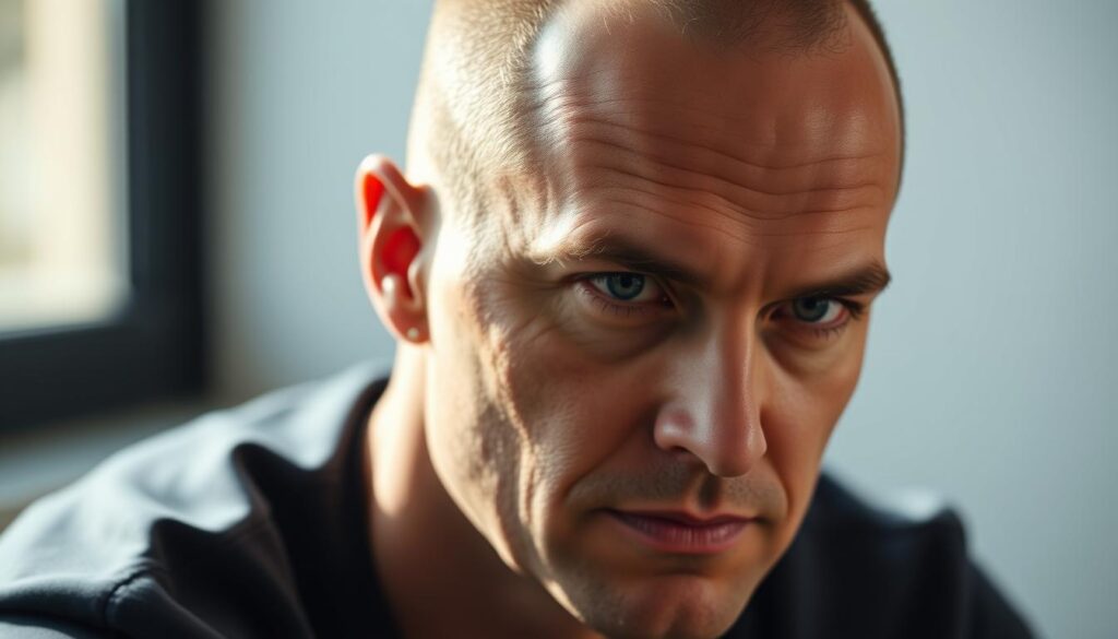 A well-lit, high-resolution close-up photograph of a man with a receding hairline and thinning hair on top, focused on his head and face. The lighting is soft and flattering, creating gentle shadows that accentuate the contours of his skull. The man has a thoughtful, confident expression, and his hairstyle is neatly trimmed and styled in a way that complements his facial features and balding pattern. The background is blurred, placing the emphasis on the man's head and highlighting the carefully considered haircut. The overall mood is one of assured, mature masculinity. A well-lit, high-resolution close-up photograph of a man with a receding hairline and thinning hair on top, focused on his head and face. The lighting is soft and flattering, creating gentle shadows that accentuate the contours of his skull. The man has a thoughtful, confident expression, and his hairstyle is neatly trimmed and styled in a way that complements his facial features and balding pattern. The background is blurred, placing the emphasis on the man's head and highlighting the carefully considered haircut. The overall mood is one of assured, mature masculinity.