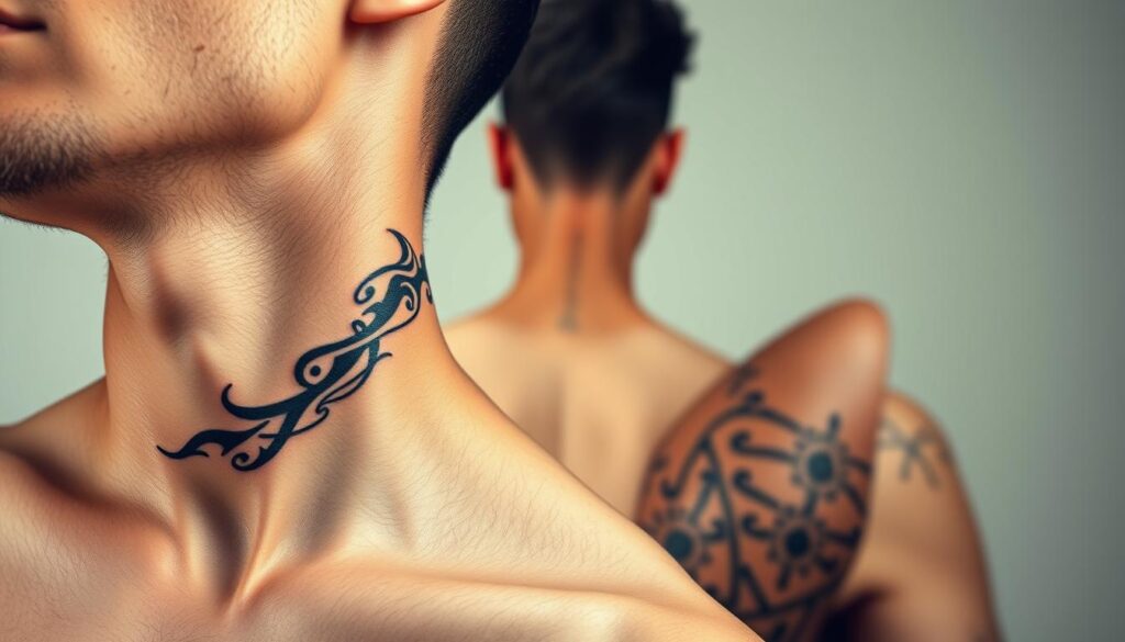 A well-lit, high-resolution studio photograph of several unique and trendy neck tattoo designs for men. The foreground features a close-up view of a shirtless male model's neck, showcasing an intricate tribal-style tattoo wrapping around the side of the neck. In the middle ground, another model displays a minimalist line-art tattoo design along the nape of the neck. The background is a clean, neutral backdrop that allows the tattoo designs to be the focal point. The lighting is soft and diffused, accentuating the contours of the neck and highlighting the detailed linework and shading of the tattoos. The overall mood is modern, stylish, and focused on presenting a diverse range of on-trend neck tattoo ideas for a male audience. A well-lit, high-resolution studio photograph of several unique and trendy neck tattoo designs for men. The foreground features a close-up view of a shirtless male model's neck, showcasing an intricate tribal-style tattoo wrapping around the side of the neck. In the middle ground, another model displays a minimalist line-art tattoo design along the nape of the neck. The background is a clean, neutral backdrop that allows the tattoo designs to be the focal point. The lighting is soft and diffused, accentuating the contours of the neck and highlighting the detailed linework and shading of the tattoos. The overall mood is modern, stylish, and focused on presenting a diverse range of on-trend neck tattoo ideas for a male audience.