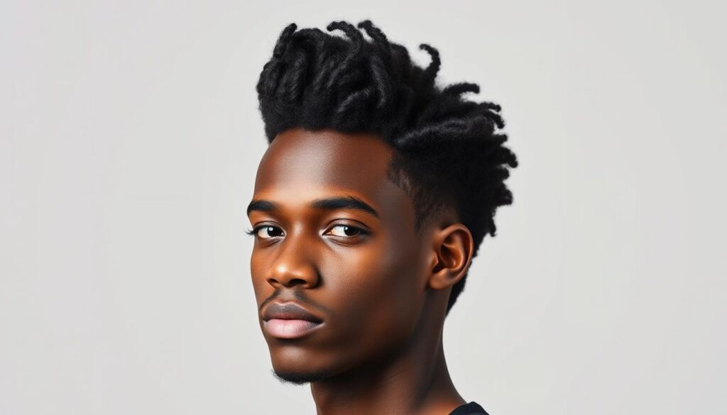 A young Black man with a stylish, modern hairstyle. His curly, textured hair flows with a defined shape, tapering neatly at the sides and back. The top maintains a voluminous, spiraled form, creating an eye-catching, contemporary silhouette. Soft, even lighting illuminates the subject's facial features and enhances the depth and dimension of the hairstyle. The background is a plain, neutral setting, allowing the subject's dynamic haircut to be the focal point. Captured with a clean, slightly high-angle lens for a flattering, professional-looking portrait. A young Black man with a stylish, modern hairstyle. His curly, textured hair flows with a defined shape, tapering neatly at the sides and back. The top maintains a voluminous, spiraled form, creating an eye-catching, contemporary silhouette. Soft, even lighting illuminates the subject's facial features and enhances the depth and dimension of the hairstyle. The background is a plain, neutral setting, allowing the subject's dynamic haircut to be the focal point. Captured with a clean, slightly high-angle lens for a flattering, professional-looking portrait.