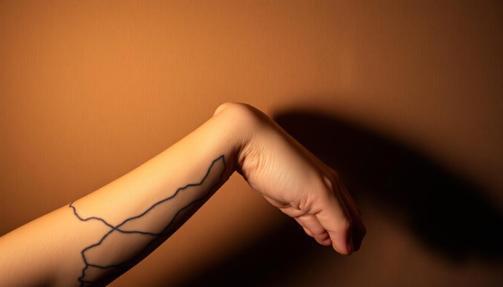 An arm tattooed with a striking canvas-like design, the skin serving as a blank canvas for the artist's creative expression. The tattoo stands out against a muted, textured background, illuminated by warm, directional lighting that casts subtle shadows and highlights the intricate linework and shading. The overall composition evokes a sense of artistic elegance and the wearer's personal connection to the piece. The angle and framing emphasize the tattoo as the central focus, inviting the viewer to appreciate the details and the interplay between the human form and the inked artwork. An arm tattooed with a striking canvas-like design, the skin serving as a blank canvas for the artist's creative expression. The tattoo stands out against a muted, textured background, illuminated by warm, directional lighting that casts subtle shadows and highlights the intricate linework and shading. The overall composition evokes a sense of artistic elegance and the wearer's personal connection to the piece. The angle and framing emphasize the tattoo as the central focus, inviting the viewer to appreciate the details and the interplay between the human form and the inked artwork.