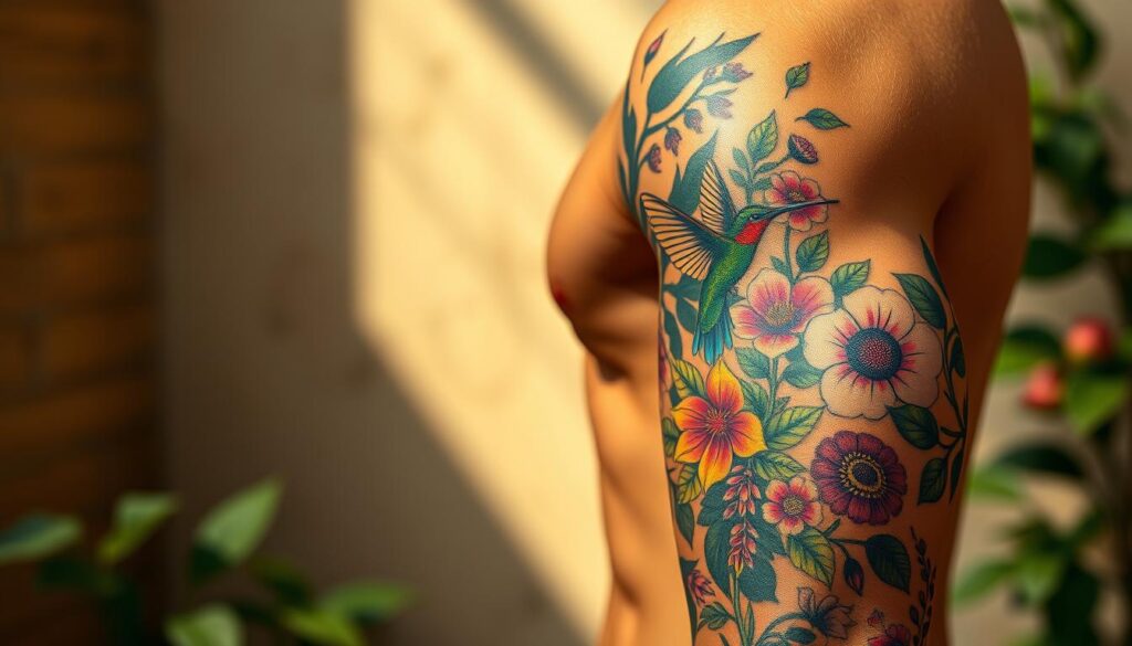 An intricately detailed, photorealistic illustration of nature-inspired arm tattoos for men. The foreground features a muscular male arm with vibrant tattoos depicting lush foliage, vibrant flowers, and delicate hummingbirds in flight. The middle ground showcases the intricate linework and vivid colors, capturing the organic flow and intricate details of the tattoo designs. The background is softly blurred, creating a sense of depth and focus on the arm. The lighting is warm and natural, casting subtle shadows that accentuate the contours of the arm and the depth of the tattoos. The overall composition and lighting evoke a serene, earthy, and visually captivating scene. An intricately detailed, photorealistic illustration of nature-inspired arm tattoos for men. The foreground features a muscular male arm with vibrant tattoos depicting lush foliage, vibrant flowers, and delicate hummingbirds in flight. The middle ground showcases the intricate linework and vivid colors, capturing the organic flow and intricate details of the tattoo designs. The background is softly blurred, creating a sense of depth and focus on the arm. The lighting is warm and natural, casting subtle shadows that accentuate the contours of the arm and the depth of the tattoos. The overall composition and lighting evoke a serene, earthy, and visually captivating scene.