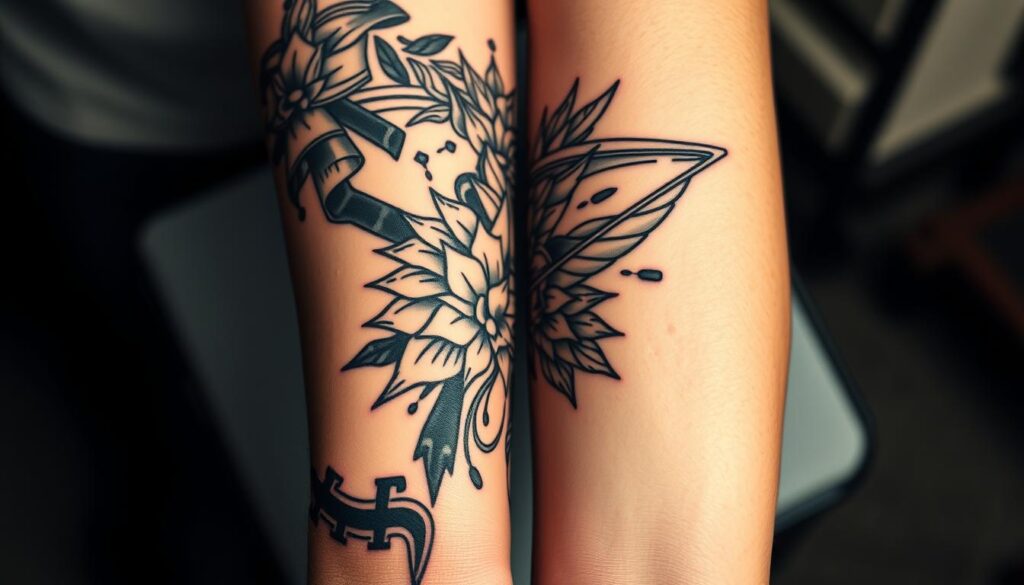 Generate an image of a forearm tattoo design for men, featuring a unique and personal design. Generate an image of a forearm tattoo design for men, featuring a unique and personal design.