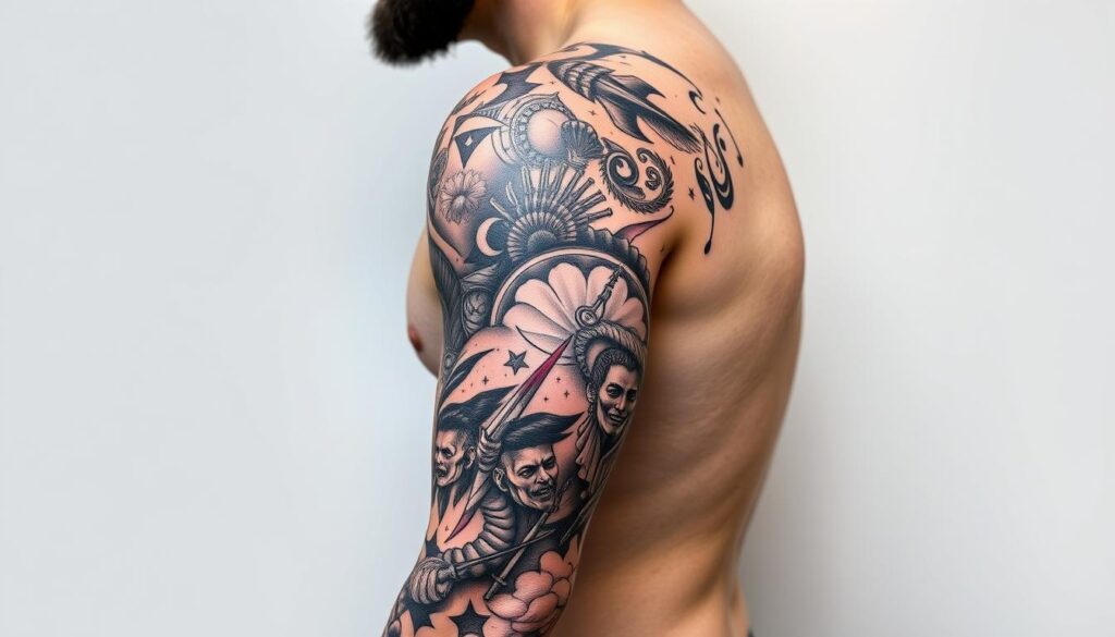 Generate an image of a full sleeve tattoo design for men, showcasing a thematic storyline from shoulder to wrist. Generate an image of a full sleeve tattoo design for men, showcasing a thematic storyline from shoulder to wrist.