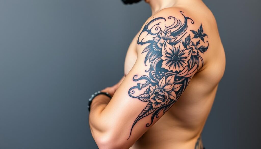Generate an image of a half sleeve tattoo design for men, focusing on the upper arm with a bold, detailed design. Generate an image of a half sleeve tattoo design for men, focusing on the upper arm with a bold, detailed design.