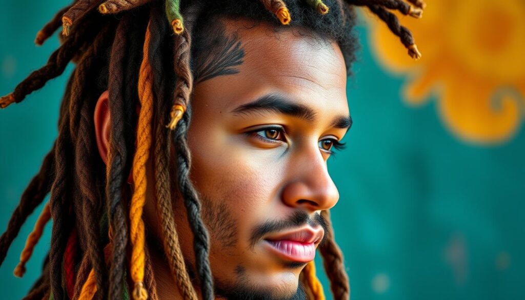 Generate an image of a man with colorful dreadlocks Generate an image of a man with colorful dreadlocks